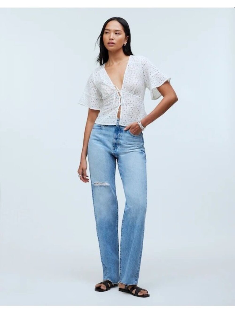 Madewell Tall '90's Straight Rip Leg High Rise Revoir Wash Rigid Jeans Size 33 T